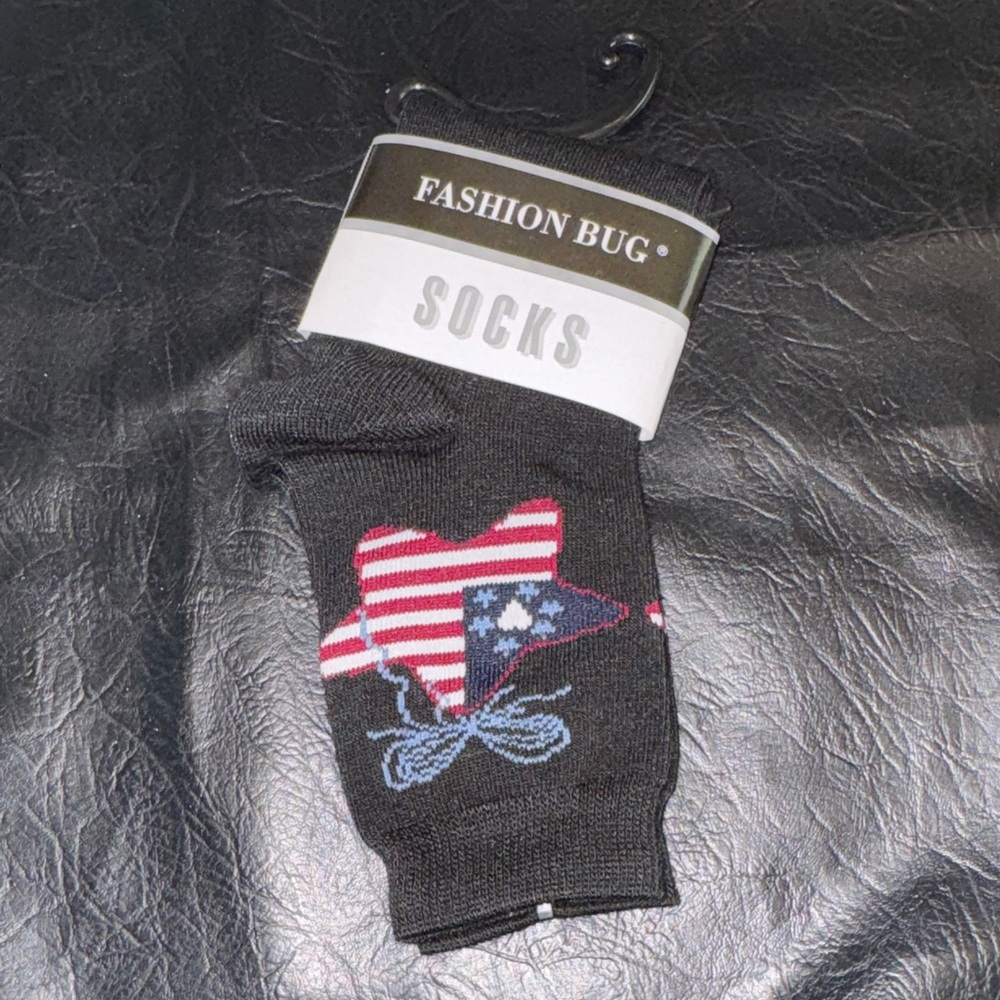 Fashion Bug Black Socks with Red White and Blue Star Accent, NEW